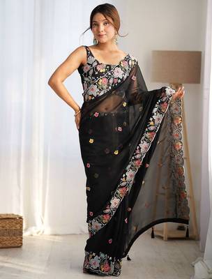 Black floral embroidered poly georgette saree 1