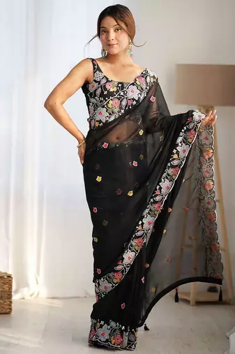 Black floral embroidered poly georgette saree