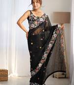 Black floral embroidered poly georgette saree