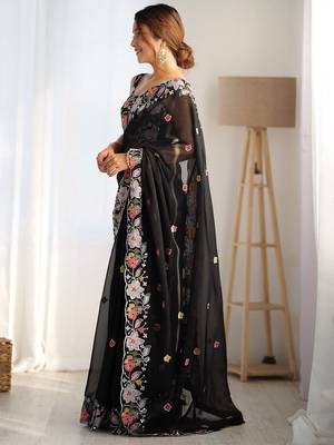 Black floral embroidered poly georgette saree 2