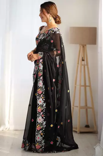 Black floral embroidered poly georgette saree