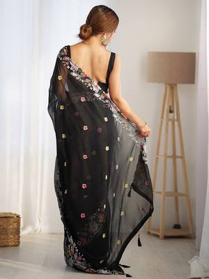 Black floral embroidered poly georgette saree 3