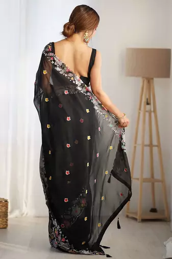 Black floral embroidered poly georgette saree