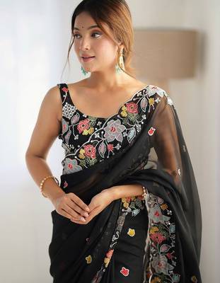 Black floral embroidered poly georgette saree 4