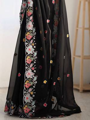 Black floral embroidered poly georgette saree 5
