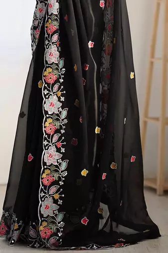 Black floral embroidered poly georgette saree