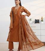 libas rust floral print a-line suit set with dupatta