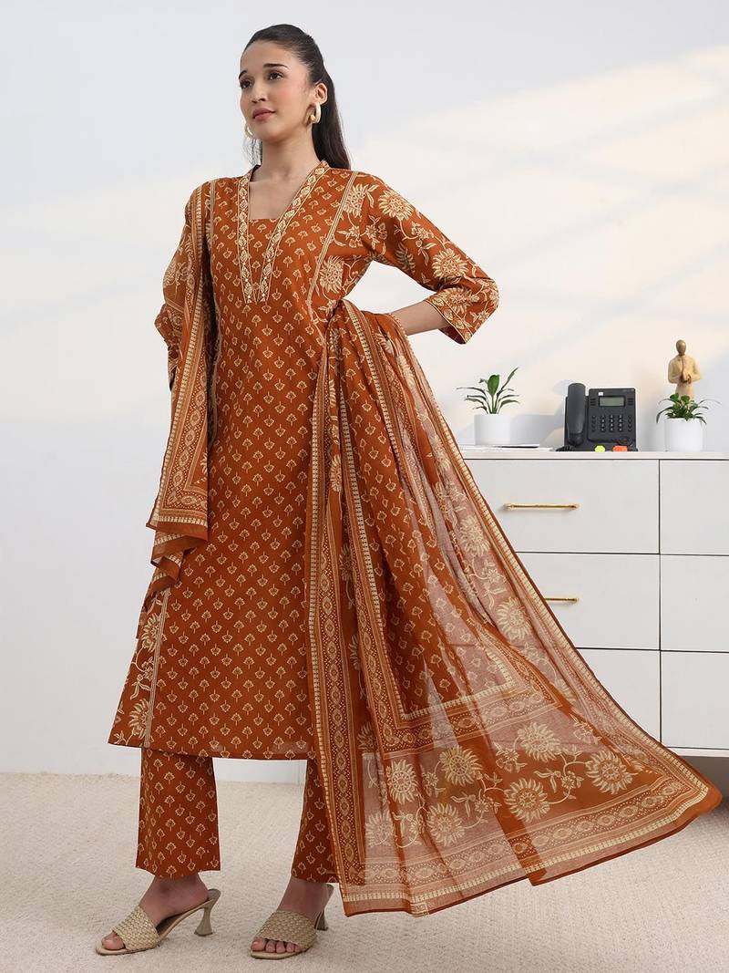 libas rust floral print a-line suit set with dupatta