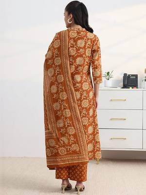 libas rust floral print a-line suit set with dupatta 4
