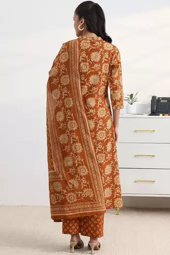 libas rust floral print a-line suit set with dupatta