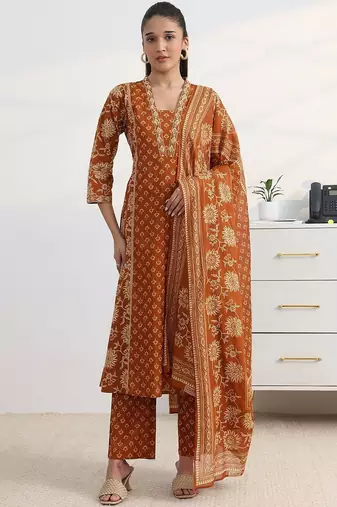 libas rust floral print a-line suit set with dupatta