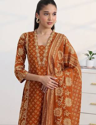libas rust floral print a-line suit set with dupatta 7