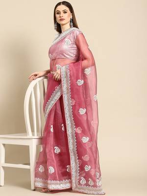 Pink pink & white leaves embroidered organza saree 1