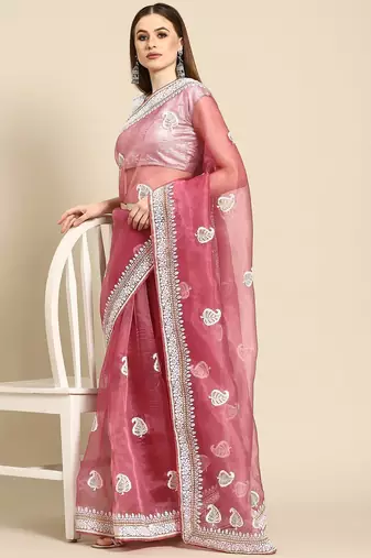Pink pink & white leaves embroidered organza saree