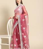 Pink pink & white leaves embroidered organza saree