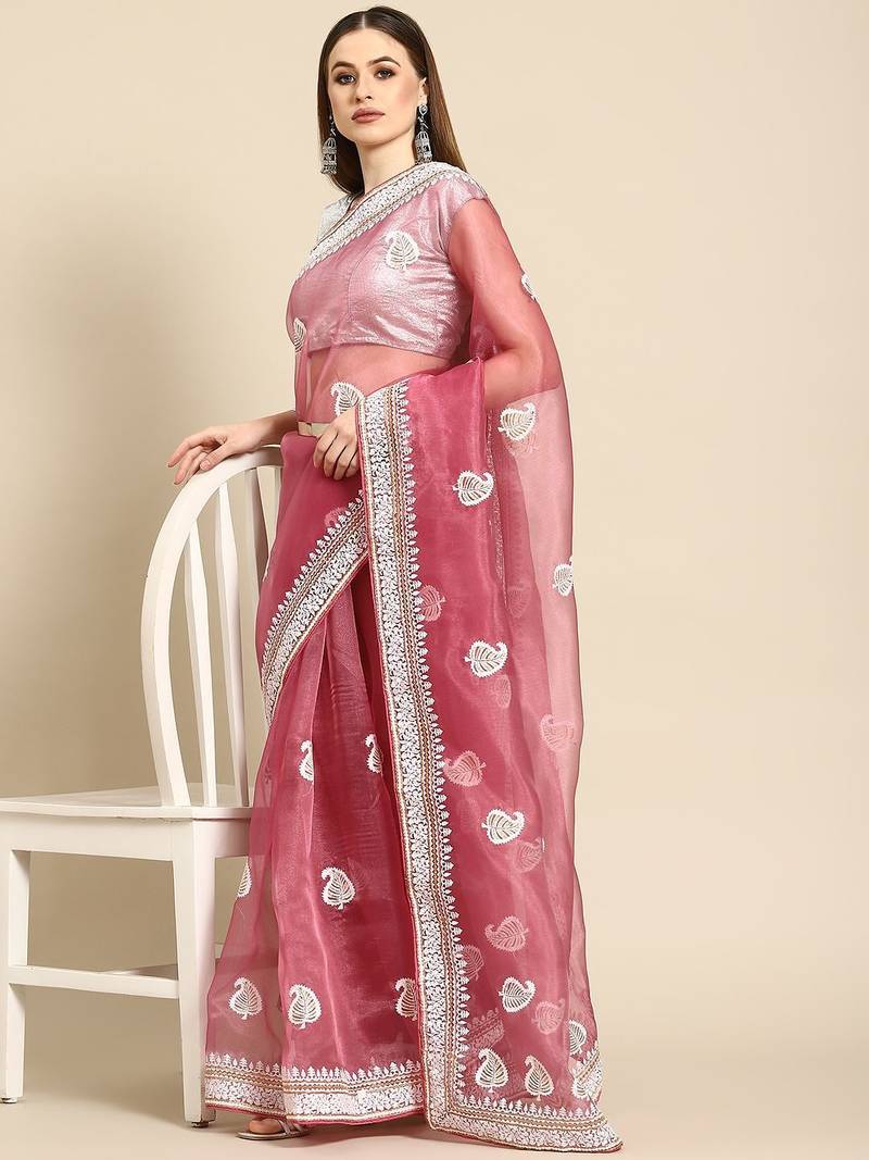 Pink pink & white leaves embroidered organza saree