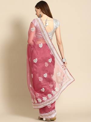 Pink pink & white leaves embroidered organza saree 2