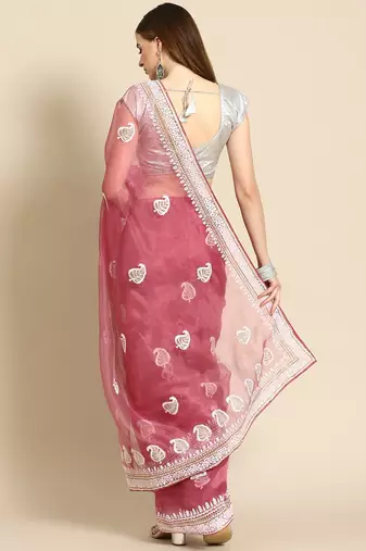 Pink pink & white leaves embroidered organza saree
