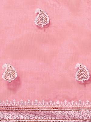 Pink pink & white leaves embroidered organza saree 3
