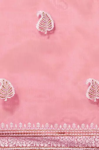 Pink pink & white leaves embroidered organza saree