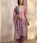 women ethnic motifs printed regular thread work kurta with trousers & with dupatta