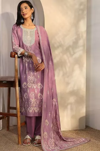 women ethnic motifs printed regular thread work kurta with trousers & with dupatta
