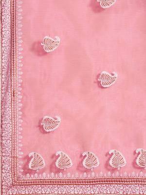 Pink pink & white leaves embroidered organza saree 4