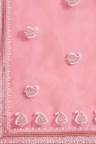 Pink pink & white leaves embroidered organza saree