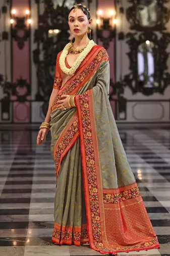 Grey floral woven design banarasi saree