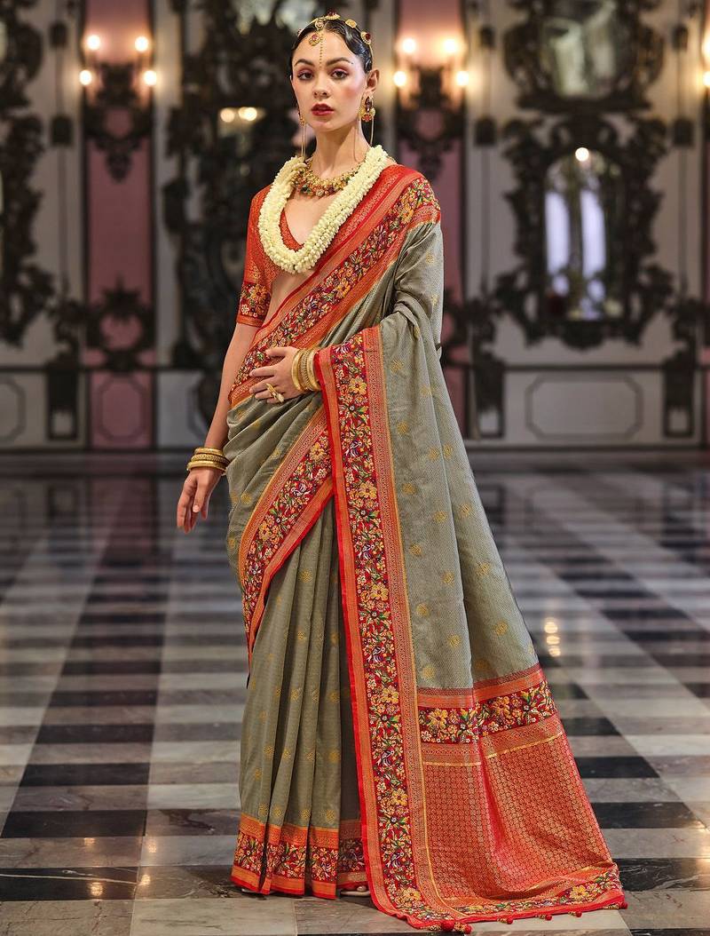 Grey floral woven design banarasi saree
