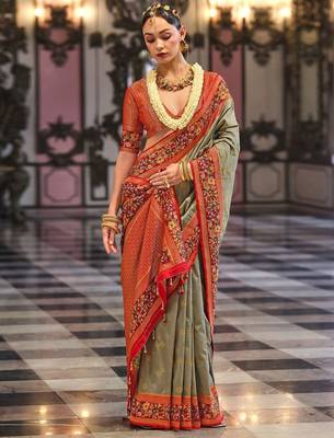 Grey floral woven design banarasi saree 2