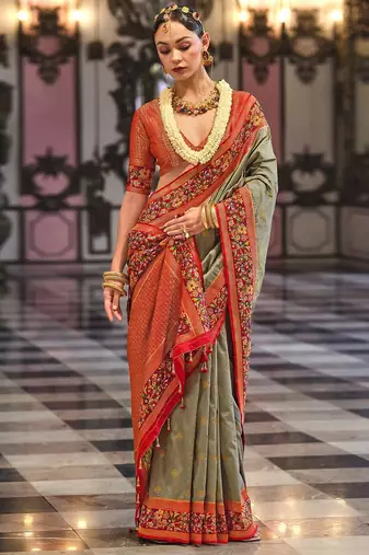 Grey floral woven design banarasi saree