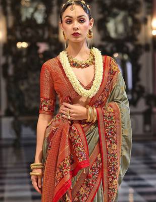 Grey floral woven design banarasi saree 3