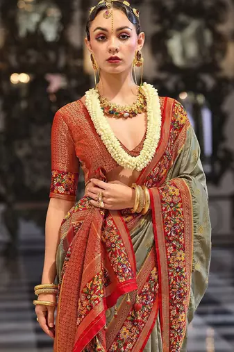 Grey floral woven design banarasi saree