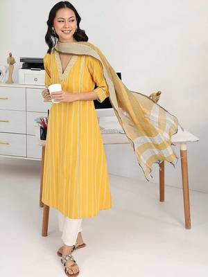 women striped regular thread work kurta with trousers & with dupatta 1