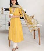 women striped regular thread work kurta with trousers & with dupatta