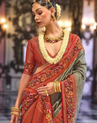Grey floral woven design banarasi saree 4