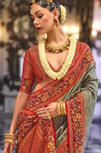 Grey floral woven design banarasi saree