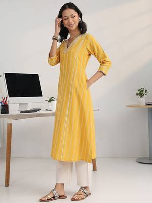 women striped regular thread work kurta with trousers & with dupatta 3