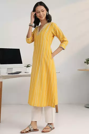women striped regular thread work kurta with trousers & with dupatta