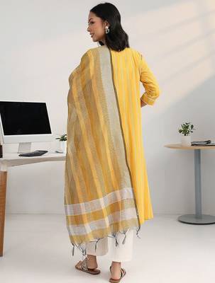 women striped regular thread work kurta with trousers & with dupatta 4