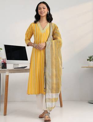 women striped regular thread work kurta with trousers & with dupatta 5