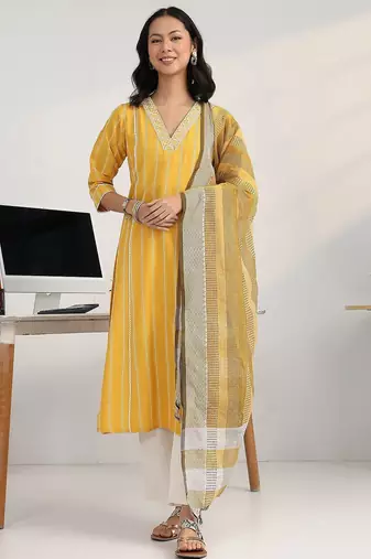 women striped regular thread work kurta with trousers & with dupatta