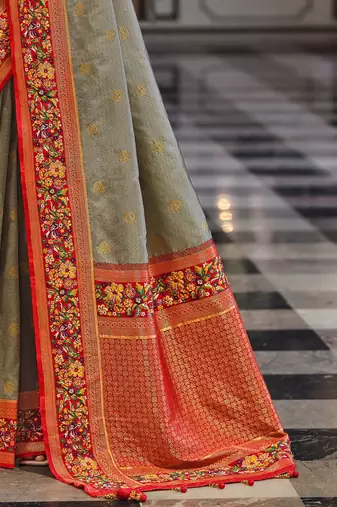 Grey floral woven design banarasi saree
