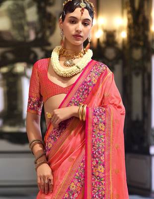 Pink ethnic motifs designer banarasi saree 2