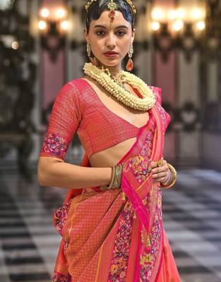 Pink ethnic motifs designer banarasi saree 3