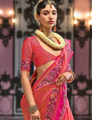 Pink ethnic motifs designer banarasi saree 4