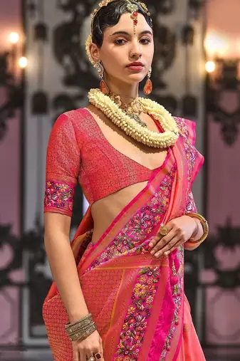 Pink ethnic motifs designer banarasi saree