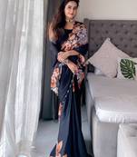 Black black & orange floral printed beads & stones satin saree