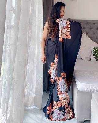 Black black & orange floral printed beads & stones satin saree 2